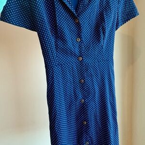 Elegant Navy Blue Polka Dot Midi Dress